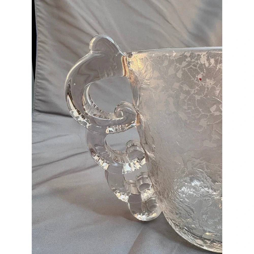 Vintage Clear Frosted Ice Crackle Glass Vase Scrolled Handles Art Deco 7in